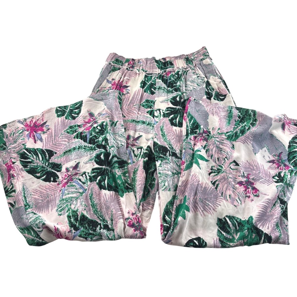 Charme U Tropical Floral Wide Leg Palazzo Pants Green Pink Rayon Womens Medium